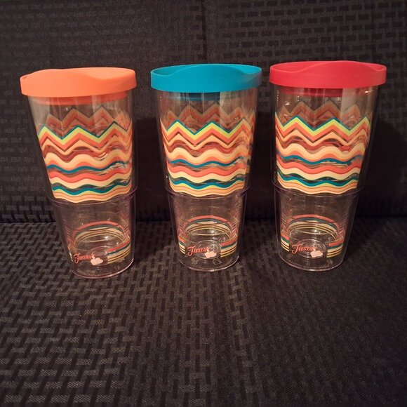 Fiestaware Striped Tumbler Glasses 24oz Red Yellow Green Turquoise w/ Lids Set 3 - Picture 1 of 9